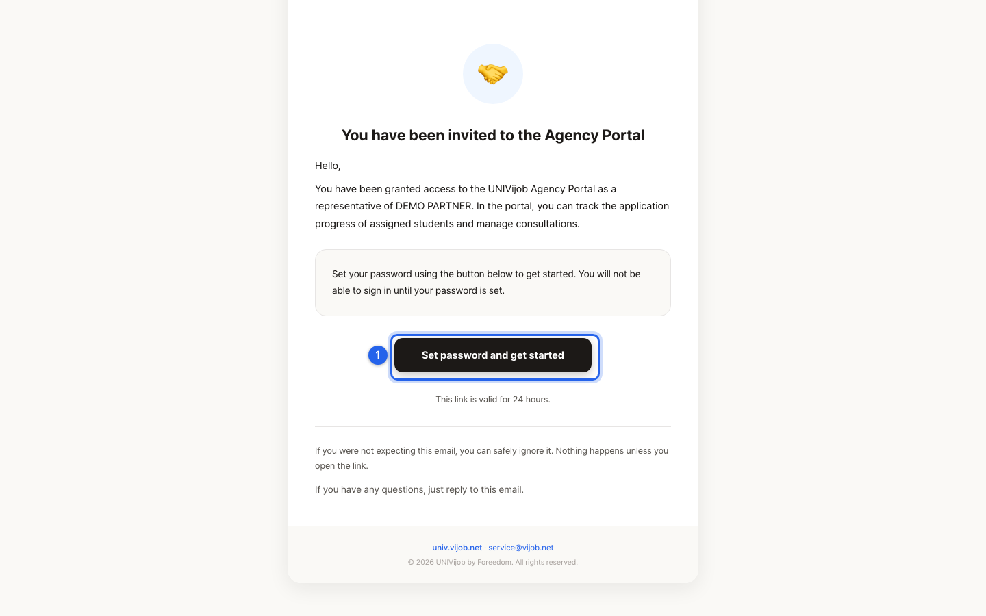 Agency portal invitation email explaining that setting a password gives immediate access