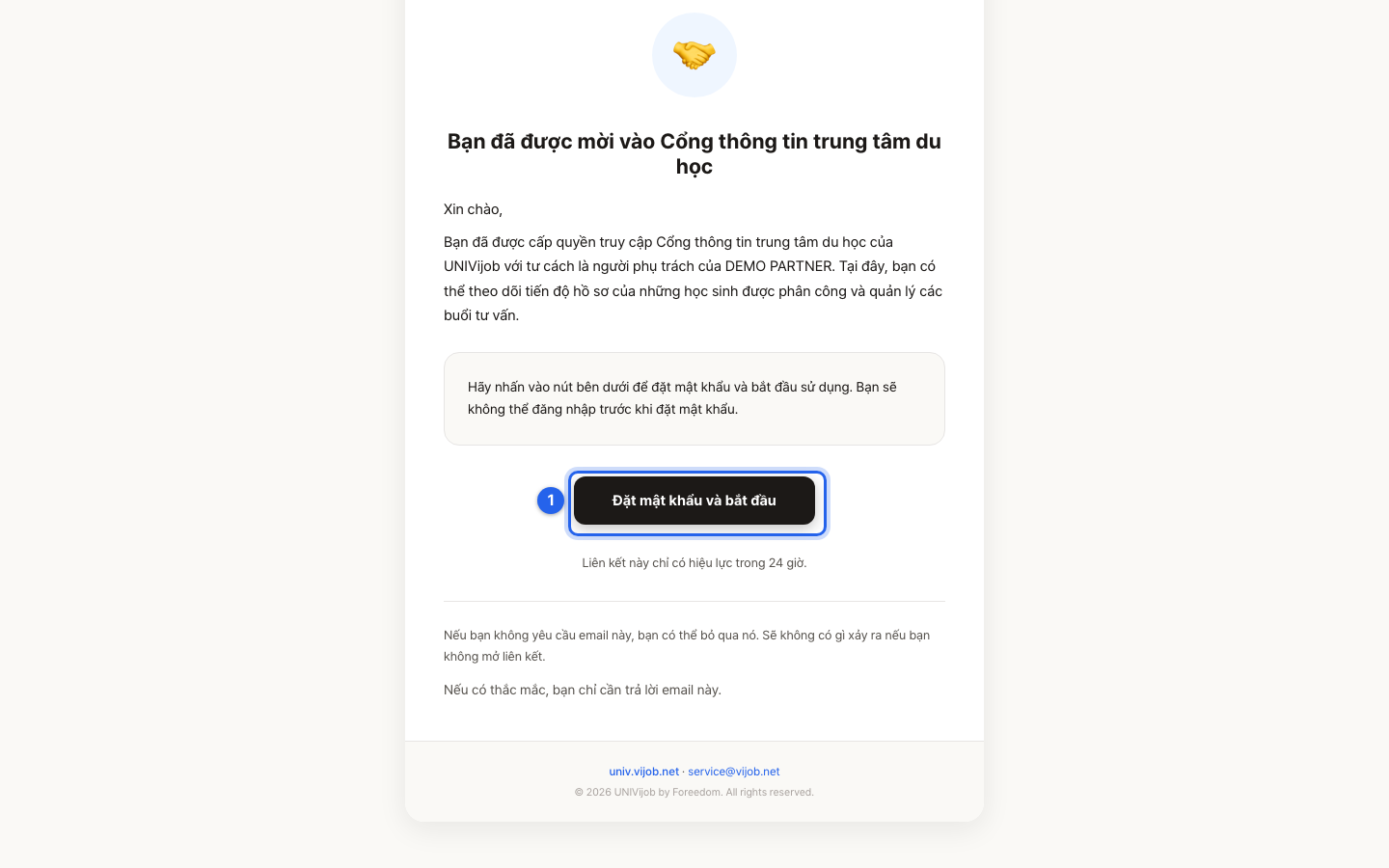 Email mời vào cổng đối tác, cho biết chỉ cần đặt mật khẩu là có thể sử dụng ngay