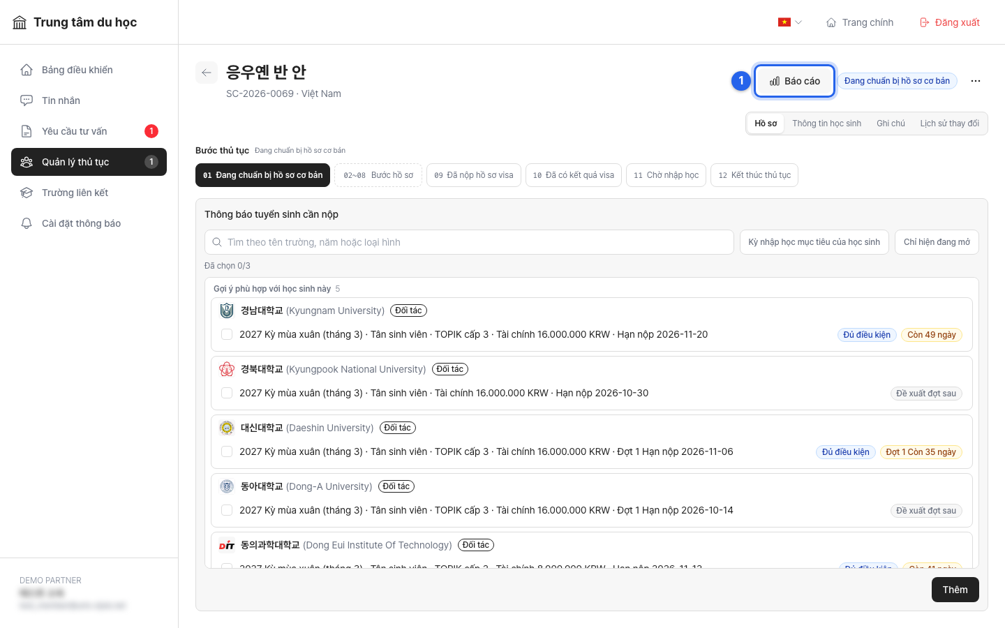 Thanh giai đoạn thủ tục trên trang học sinh, từ 01 chuẩn bị hồ sơ cơ bản đến 12 kết thúc thủ tục